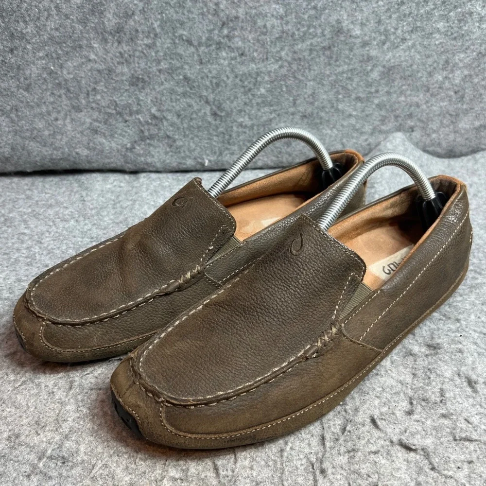 OluKai Moloa Mens Leather Loafers Dark Wood Brown Slip On Shoes Size 10